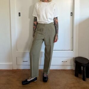 Vintage Norton Petite Trousers Olive Tan Micro Check High Waist Pleated Pant 10P